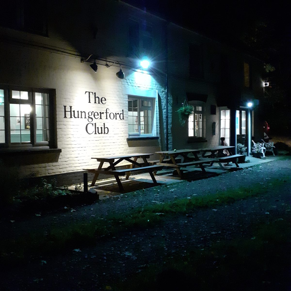 Hungerford Club clubhouse at night - October 2021