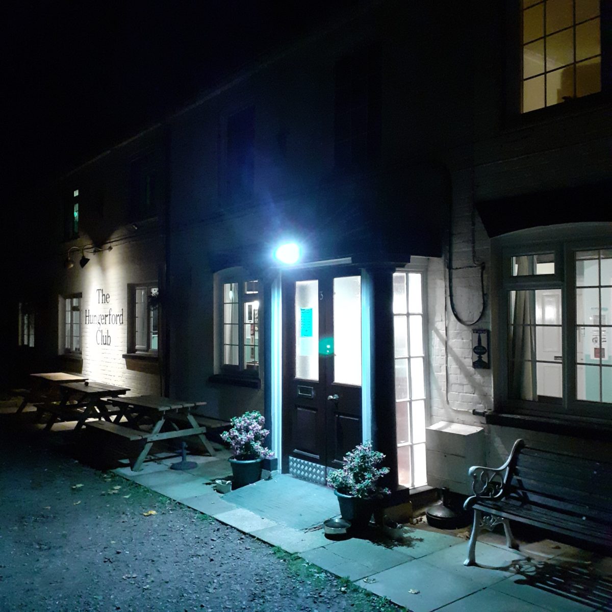 Hungerford Club clubhouse at night - October 2021
