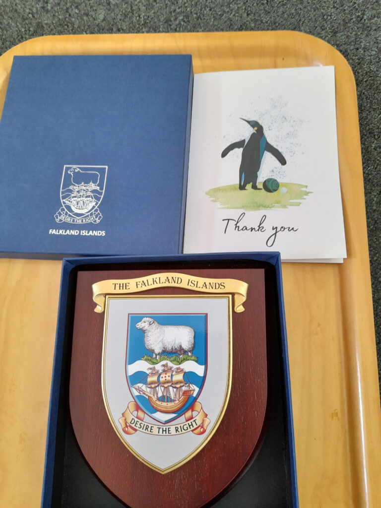 Shield presented by the Falkland Islands Bowling team when visiting Hungerford Bowling Club - 4th July 2025