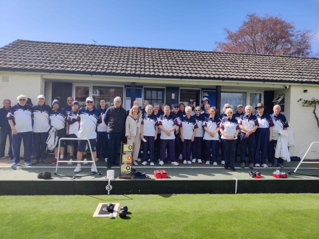 Hungerford Bowls Club members show their new kit at the 2026 Green Opening with the Mayor and Sponsor Mr John Williams.