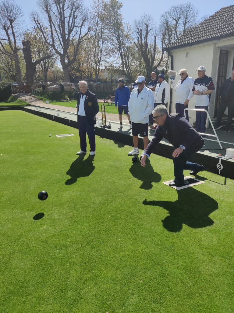 John Williams, Club Sponsor, opening the Hungerford Bowling Club green after the Mayor rolled the first bowl.